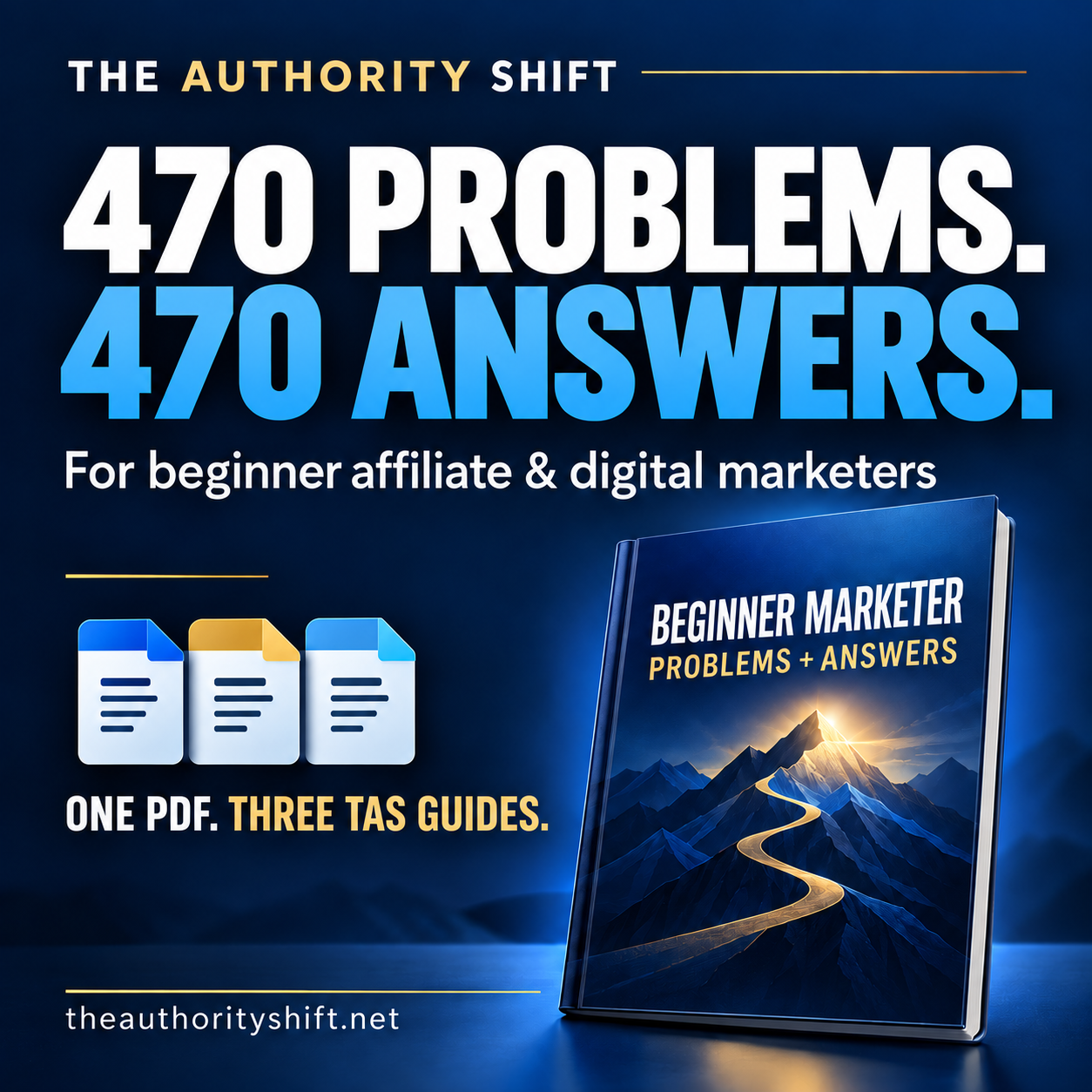 Beginner Marketer Problems and Answers guide artwork: 470 problems, 470 answers, and three supporting TAS guides in one PDF